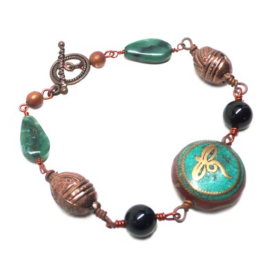 Buddha's Tear Om Aum Copper Wire-Wrap Chunky Gemstone Unisex Bracelet 9.5 Inch OOAK - image4